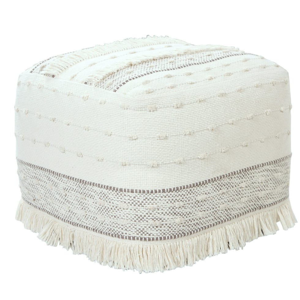 Lr Home Indoor Farmhouse Textured Pouf  Ivory / Beige