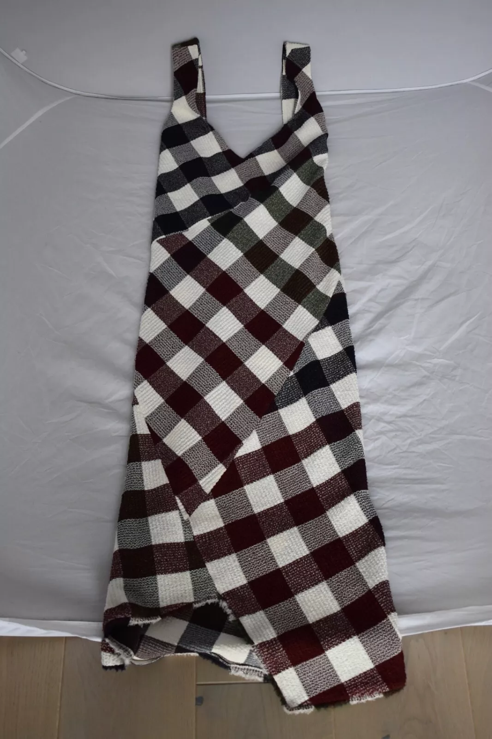 Pre-Loved Asymmetric Red White Green Sparkle Check Dress, UK Size 6-8