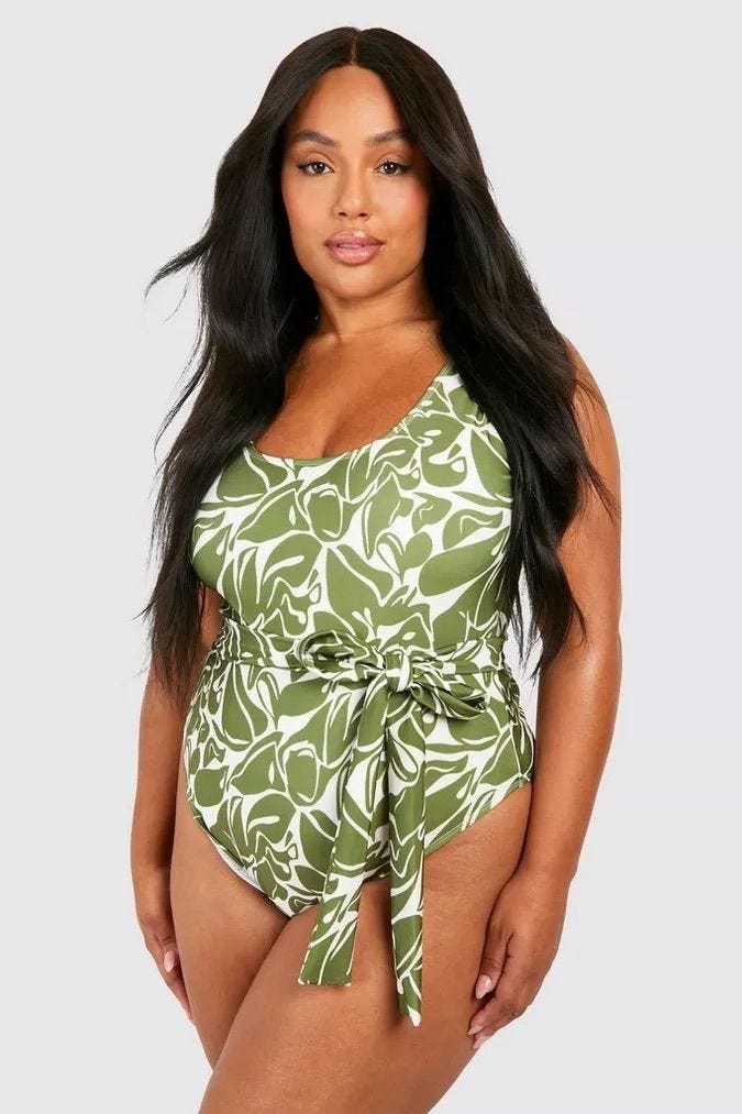 Boohoo Plus Abstract Tie Waist Swimsuit