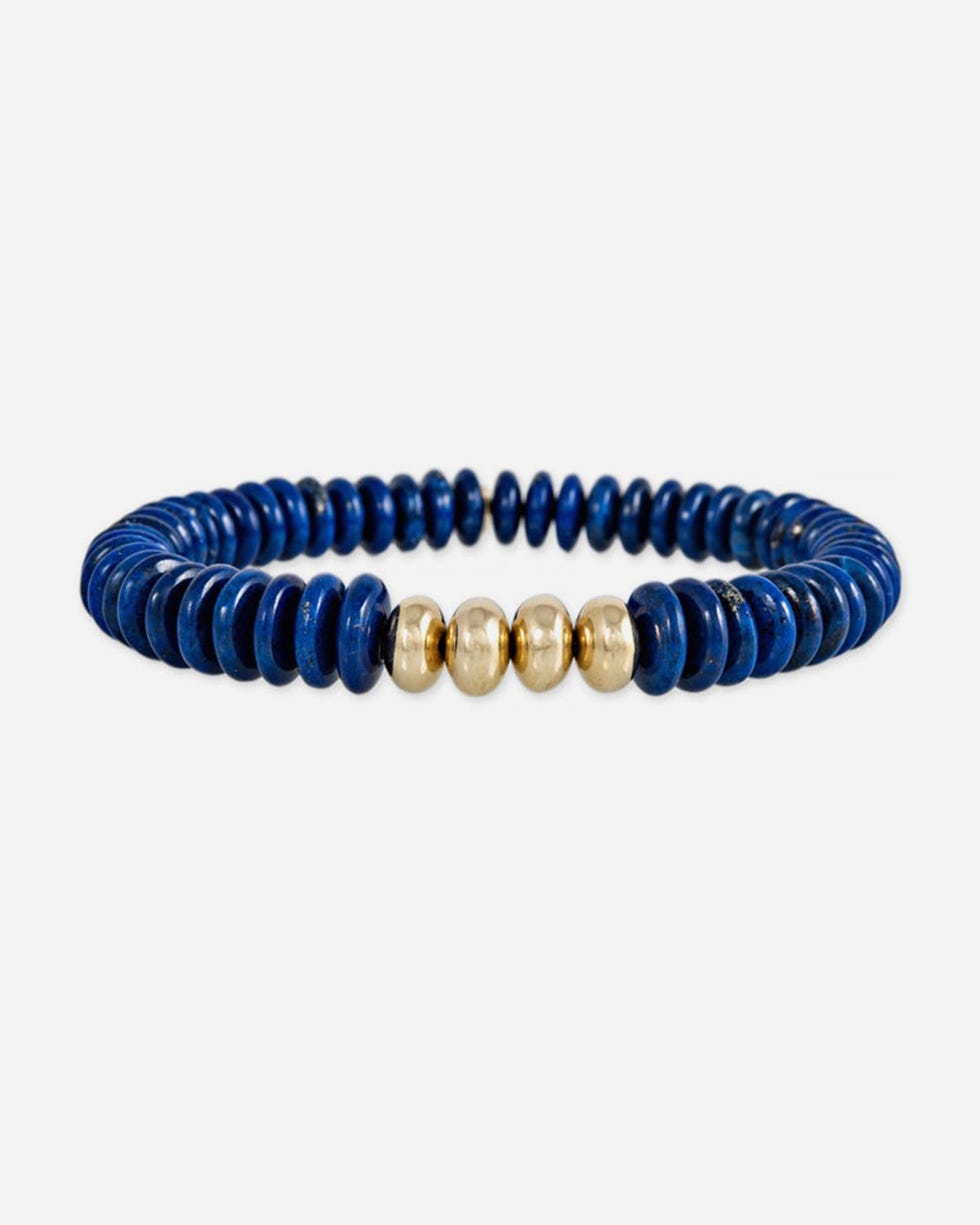 4 Gold Beads And Lapis Beaded Stretch Bracelet
