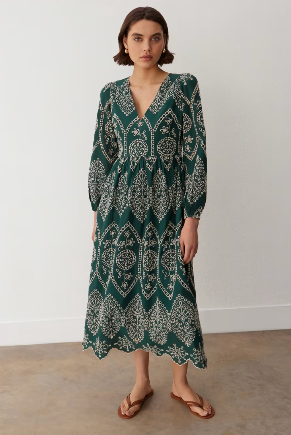 Embroidered V-Neck Midi Dress