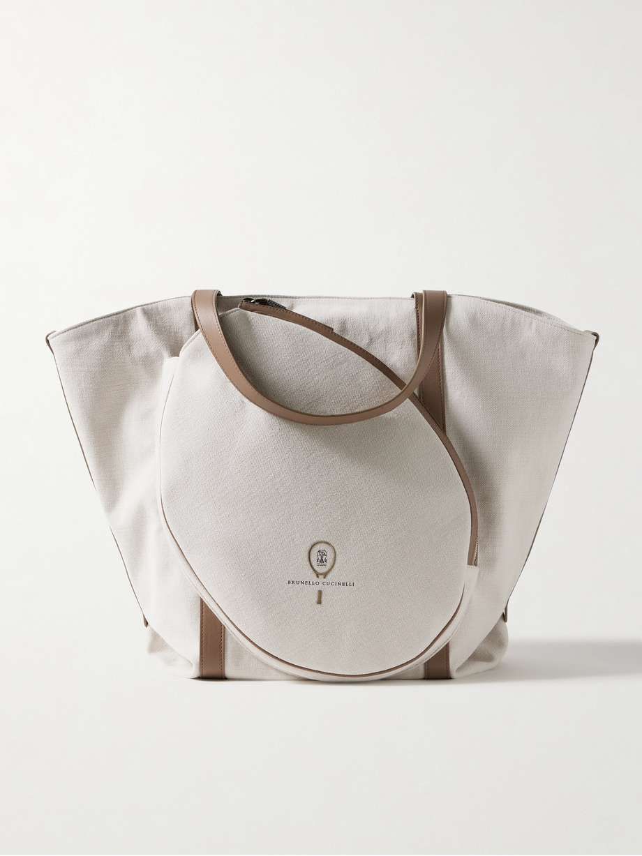 Embroidered Leather-Trimmed Canvas Tote