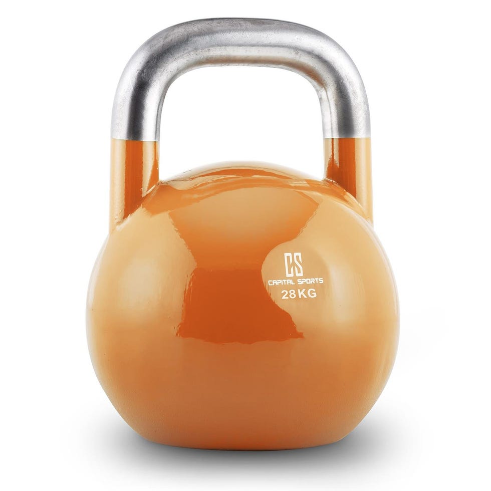 CAPITAL SPORTS Compket Competition - Kettelbell, Peso Sfera, Pesi Palla In Acciaio, Maniglia Liscia, Base Appiattita, Indicazione del Peso sulla Kettlebell, Arancione, 28 Kg