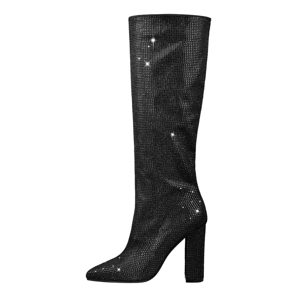 Black Glitter Knee-High Boots