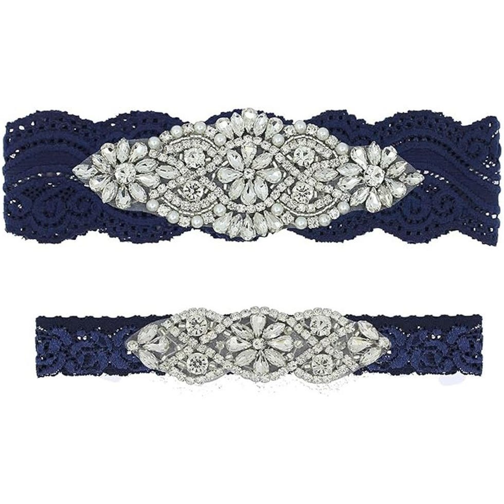 Navy Blue Lace Garter Set With Clear Rhinestones 