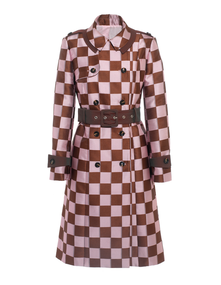 Emily Pink Brown Puzzle Print Trench Coat