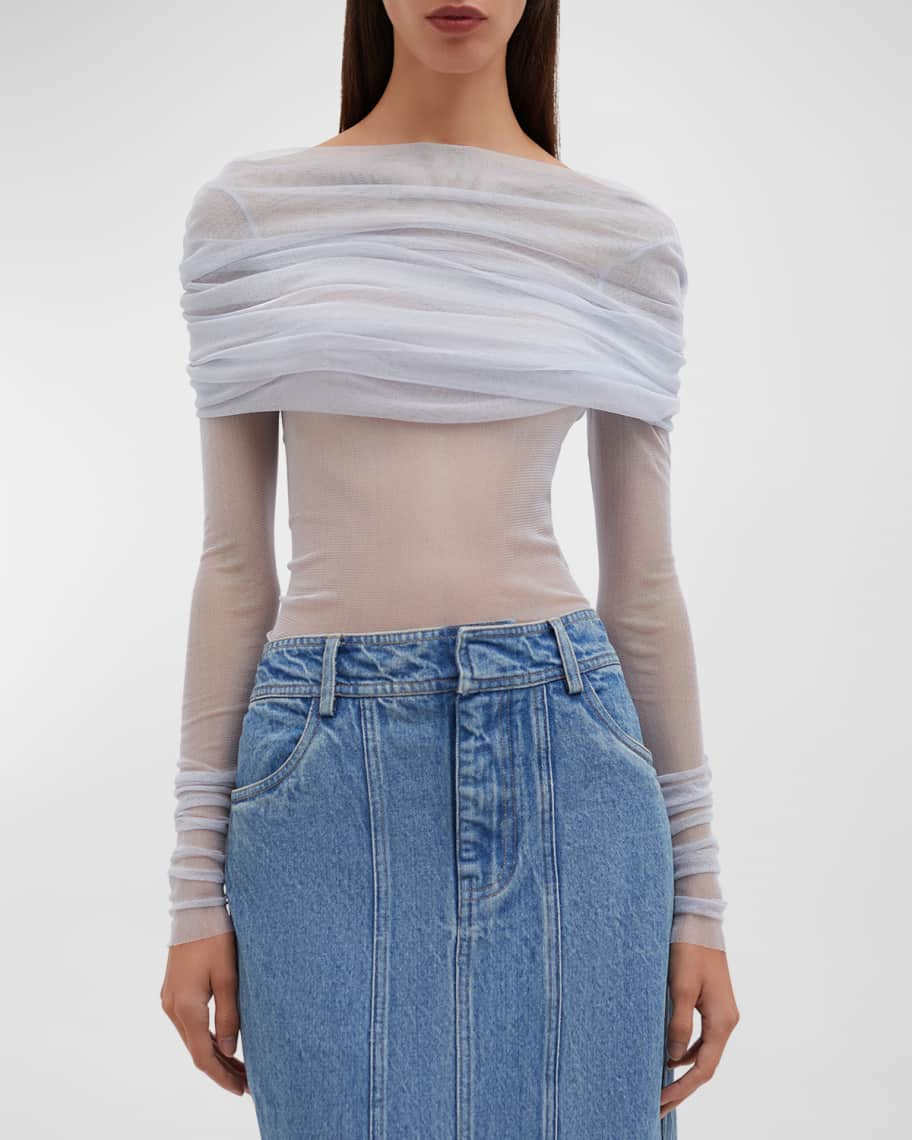 Christopher Esber Veiled Ruched One-Shoulder Mesh Top