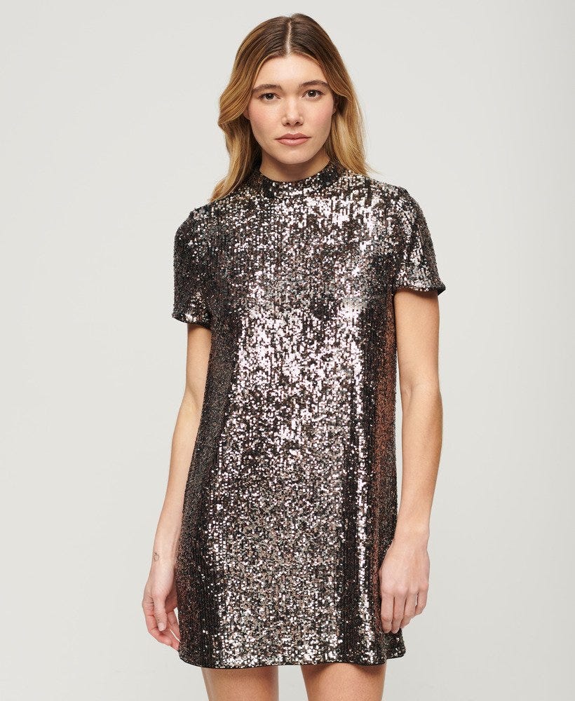Bronze High Neck Sequin T-Shirt Dress
