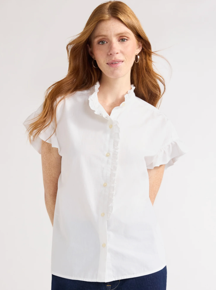 Women's Ruffle Trim Cotton Shirt with Short Sleeves