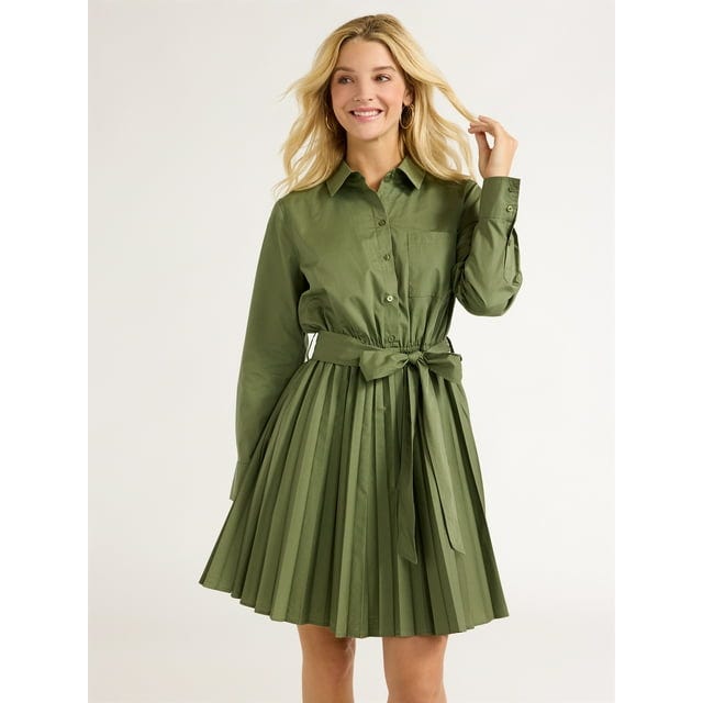 Pleated Mini Shirtdress with Long Sleeves Pleated Mini Shirtdress with Long Sleeves