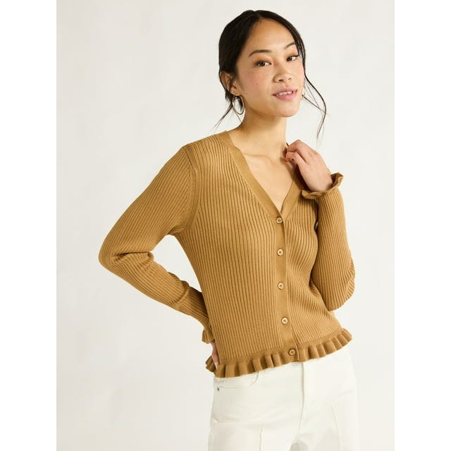 Ruffle Hem Cardigan Sweater with Long Sleeves