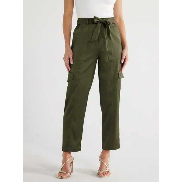 High waist satin tapered cargo pants