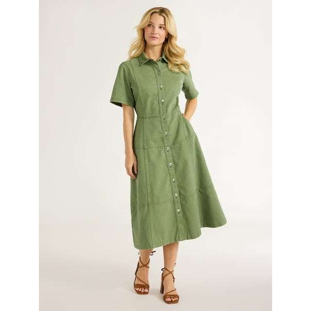 Button Front Cotton Midi Dress with Short Sleeves