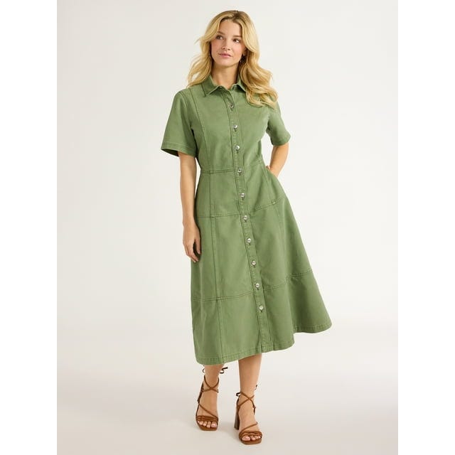 Button Front Cotton Midi Dress with Short Sleeves Button Front Cotton Midi Dress with Short Sleeves