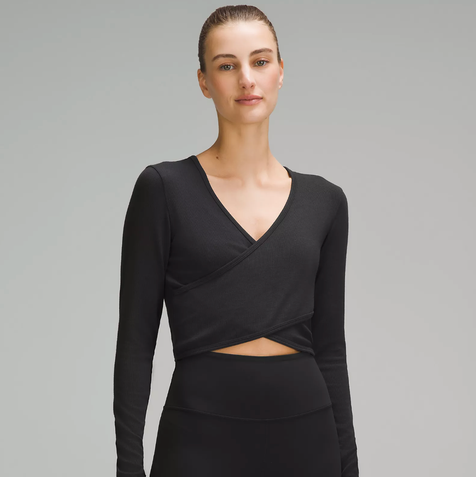 Wrap-Front Ribbed Long-Sleeve Top