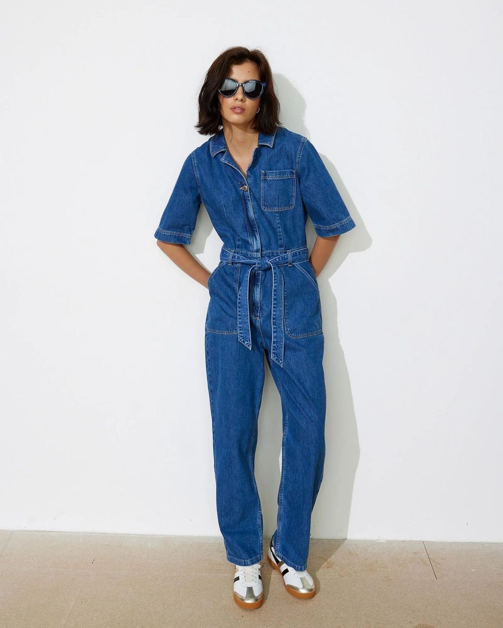Blue Denim Tie Waist Wide Leg Jumpsuit