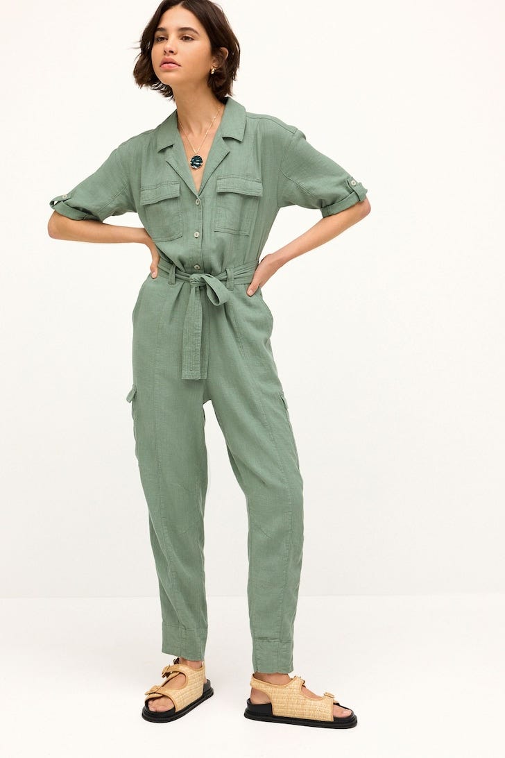 Linen Blend Utility Cargo Belted Jumpsuit