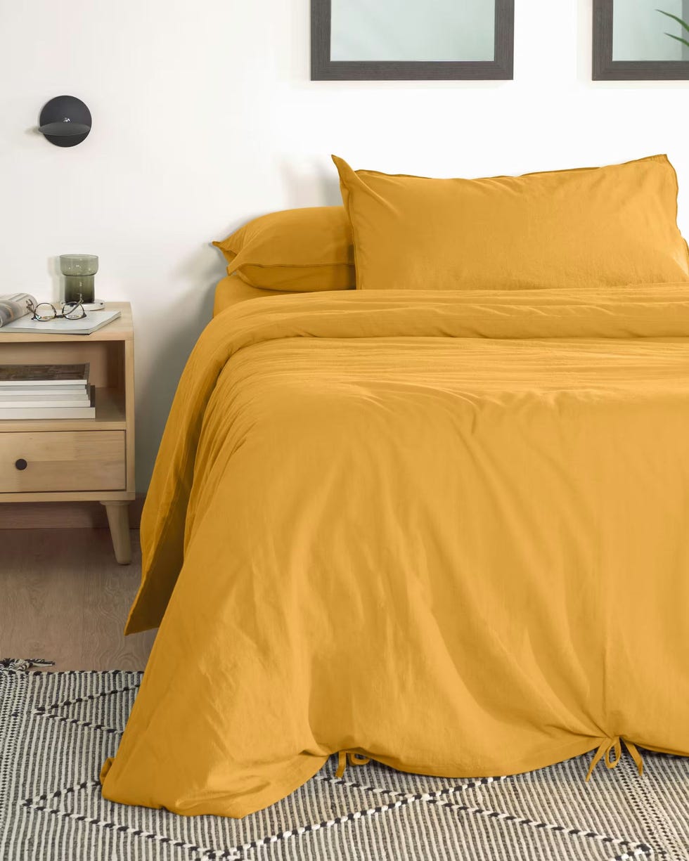 Set Ibelis funda nórdica, bajera y funda almohada algodón orgánico GOTS mostaza