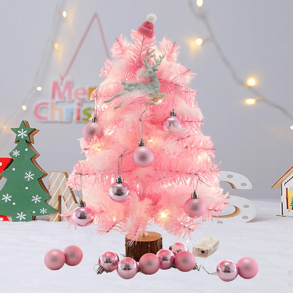 Pink Artificial Tabletop Christmas Tree 45cm with wooden base