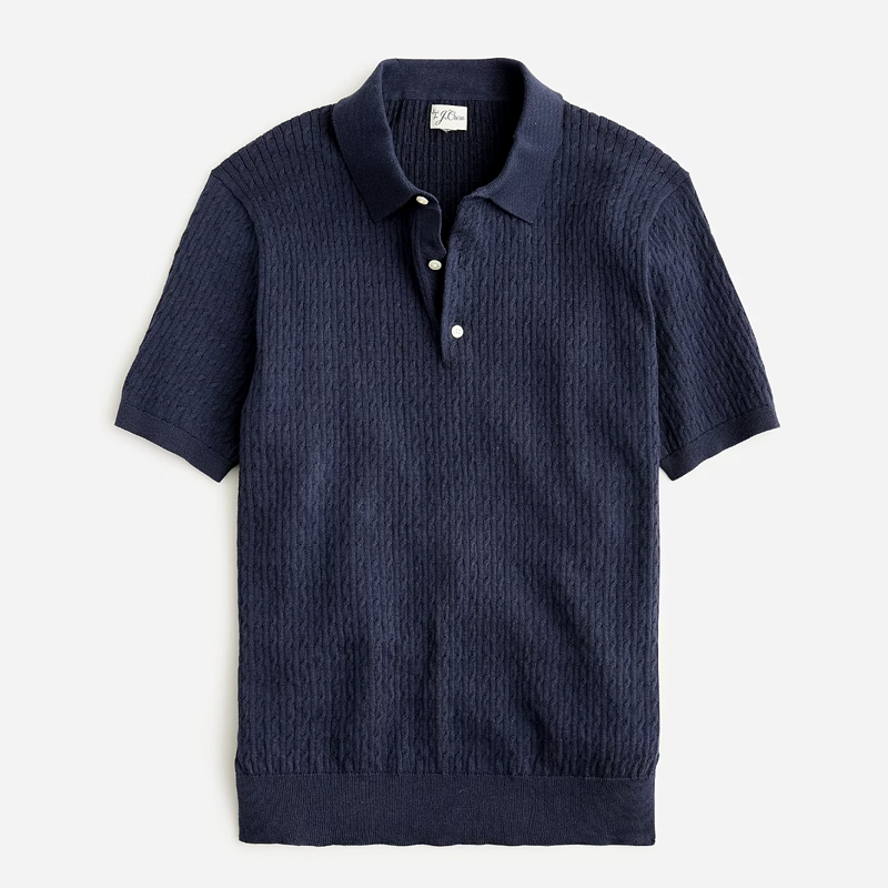 Short sleeve cable knit cotton polo shirt