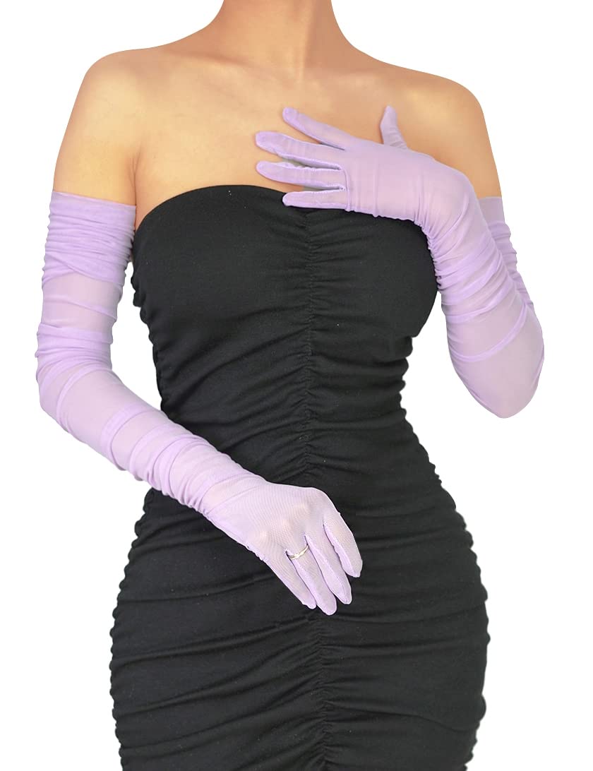 XXDingbs Women's Sexy Sheer Gloves Mesh Tulle Super Long Gloves Opera Halloween Costume Party Dance Gloves Lavender
