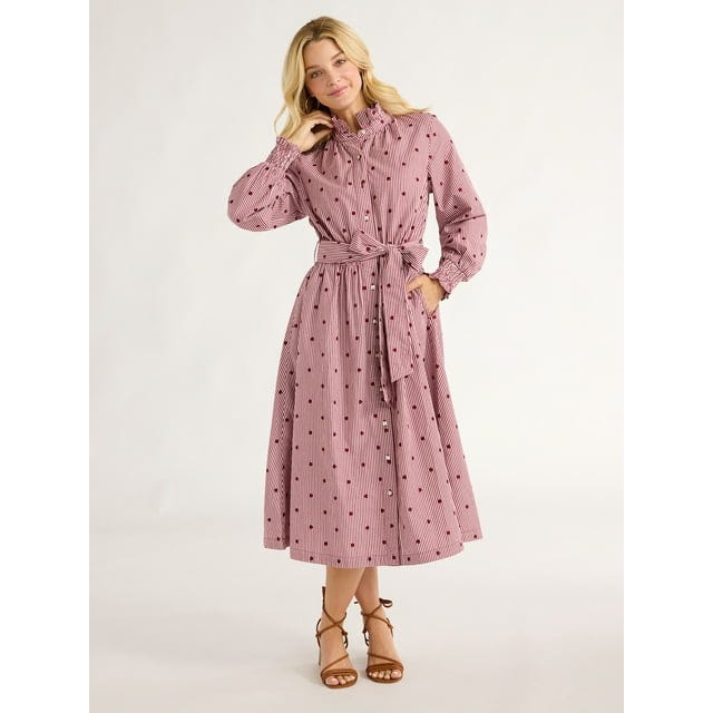 Free Assembly Ruffle Neck Cotton Embroidered Midi Dress