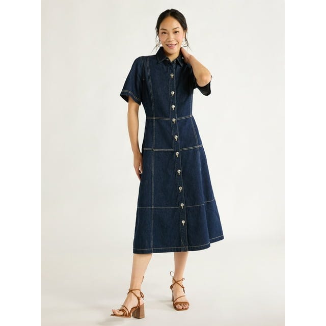 Free Assembly Button Front Cotton Midi Dress 