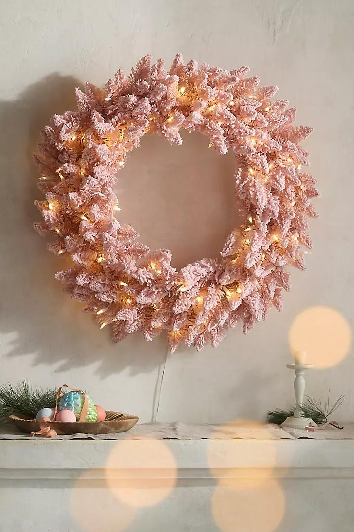 Artificial Flocked Pink LED Wreath