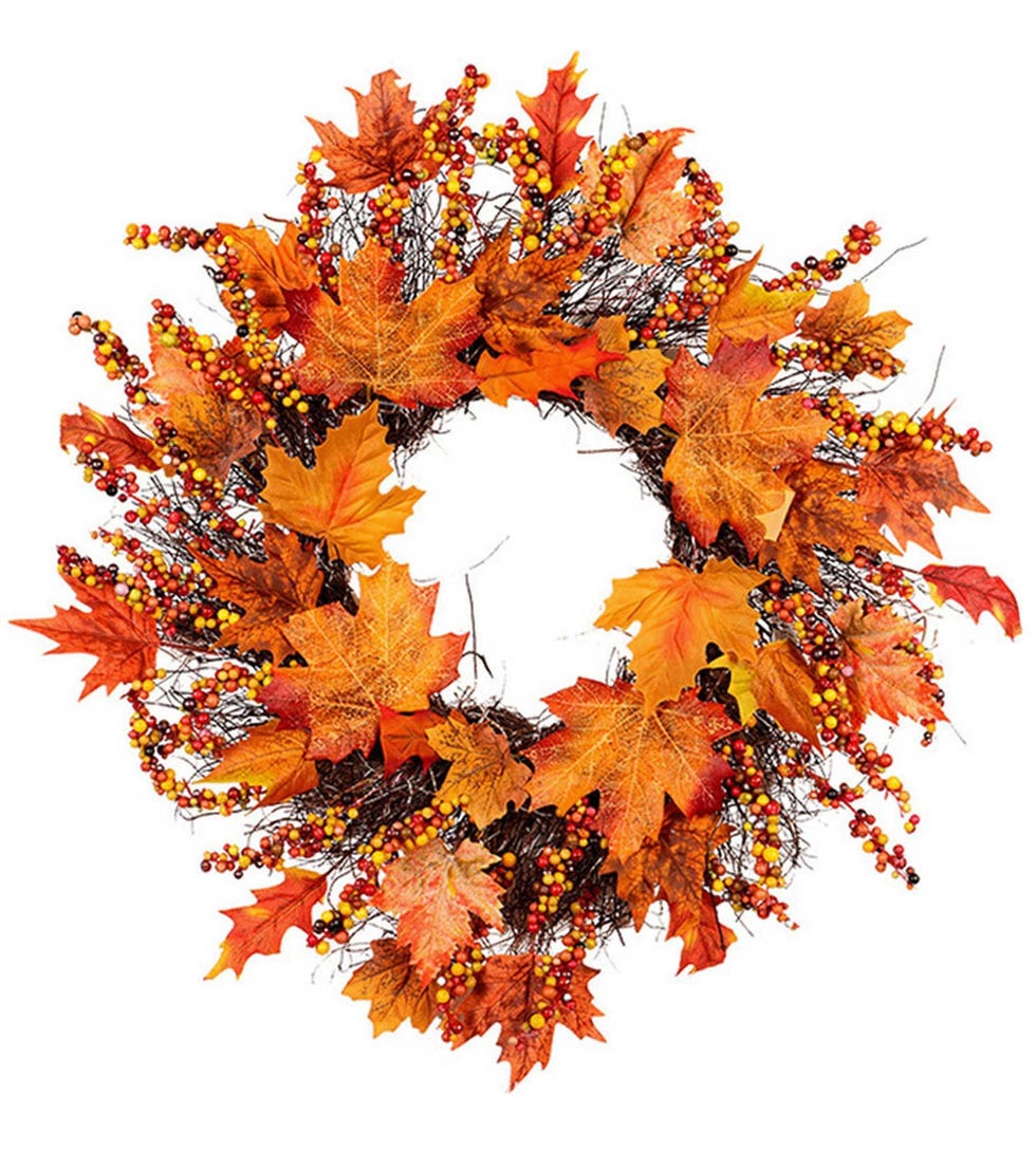 Artificial Autumn Wreath with LED - Orange