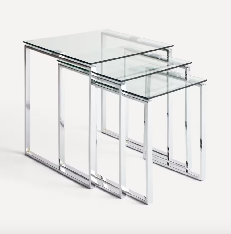 Set de 3 mesas auxiliares de acero y cristal