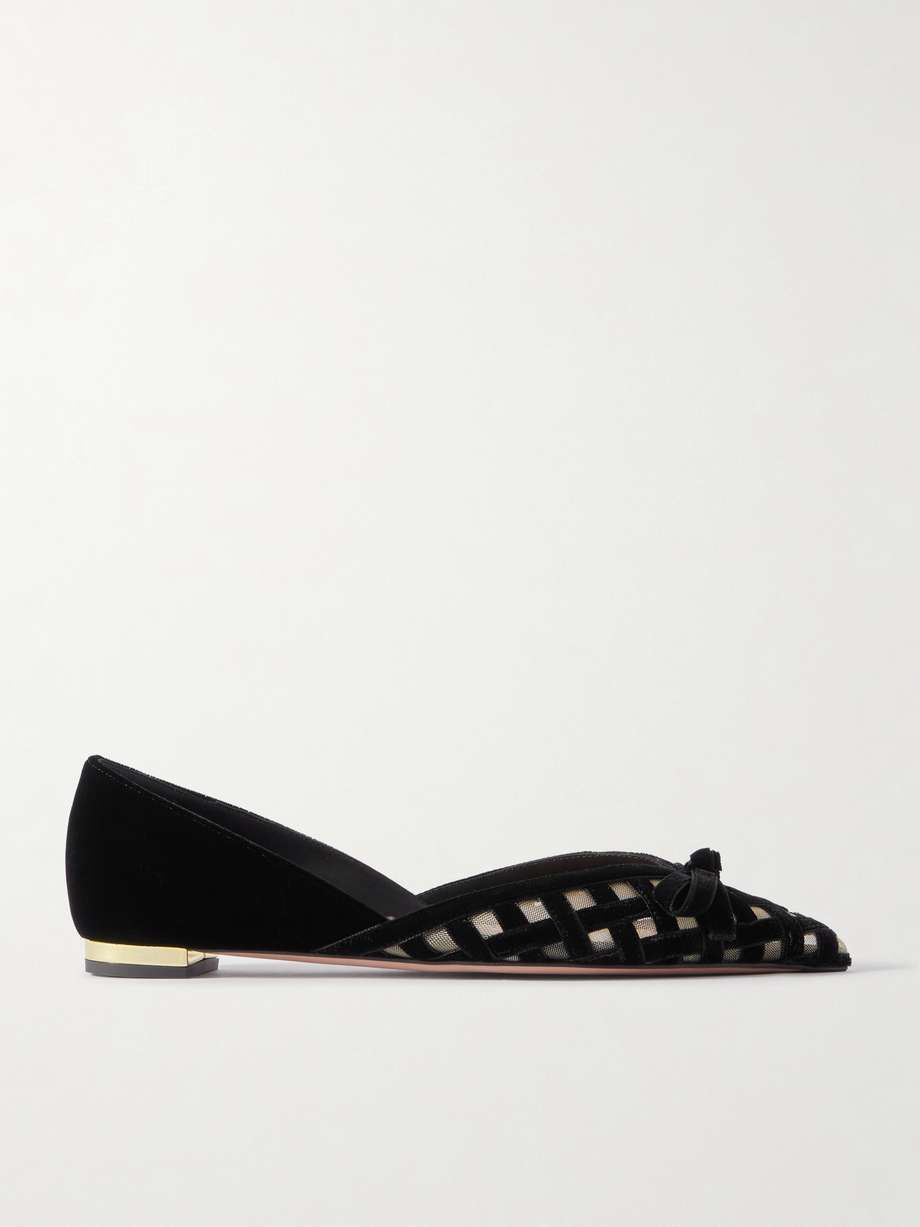 Romance Bow-Embellished Mesh-Trimmed Velvet Pointed-Toe Ballet Flats