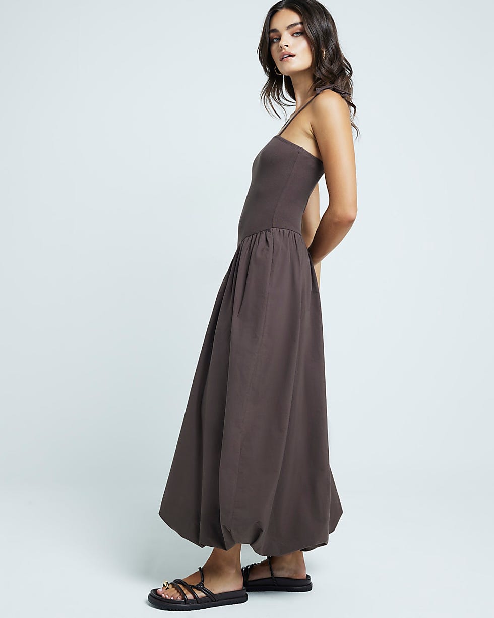 Brown bubble hem drop waist smock midi dress