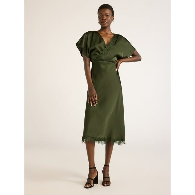 Lace Trim Midi Dress With Flutter Sleeves