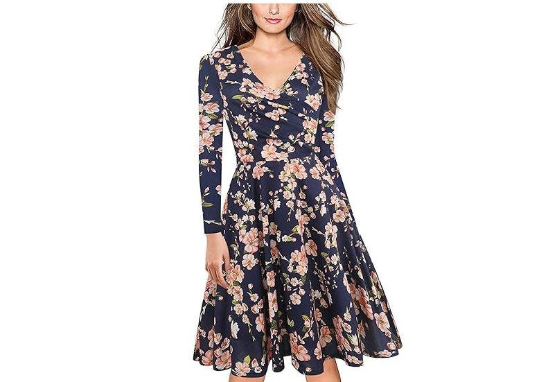 Criss-Cross V-Neck Floral Flare Midi Dress