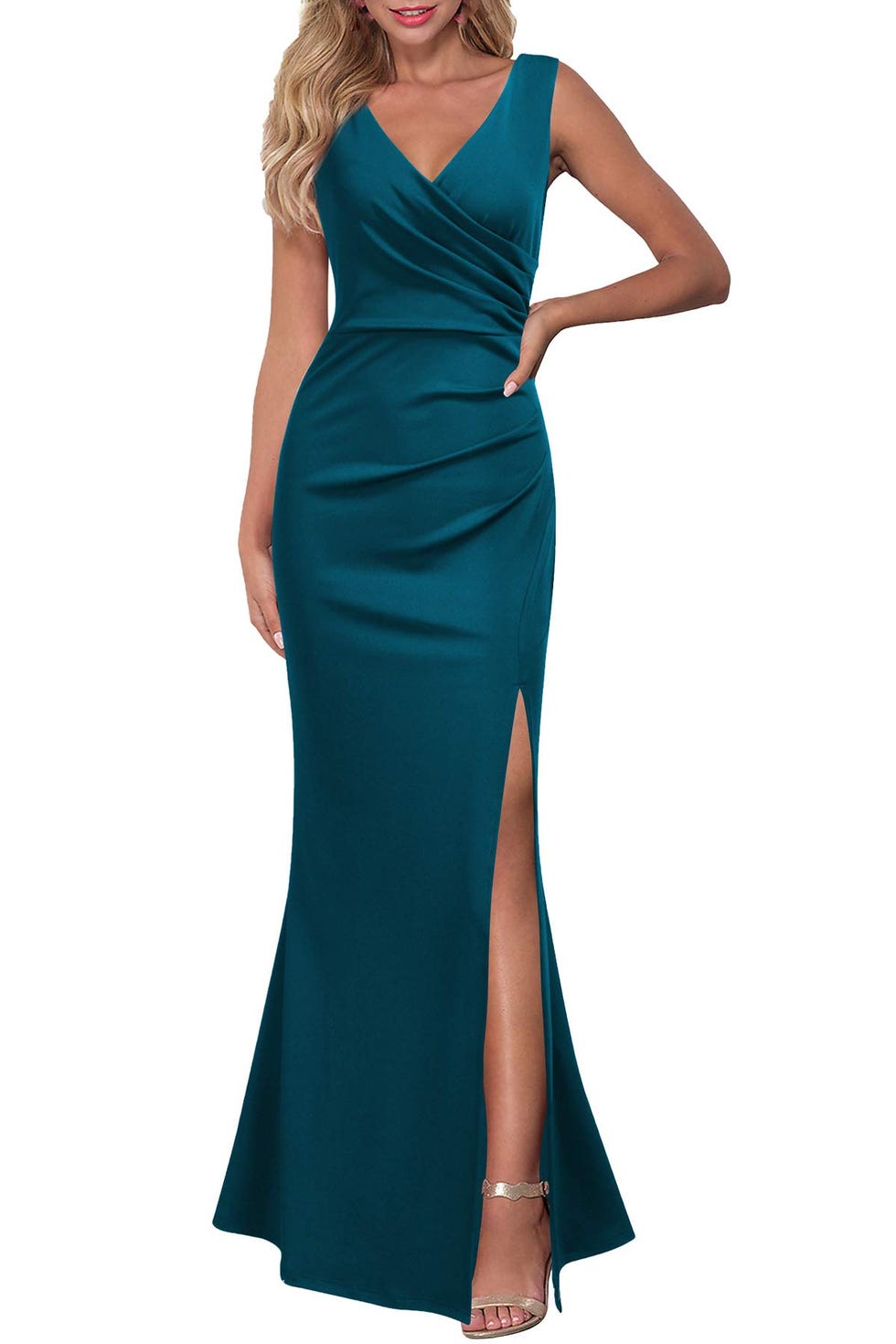 Sleeveless V Neck Split Evening Cocktail Long Dress
