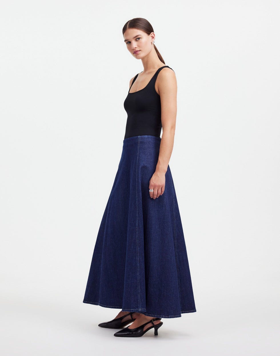 Denim Flare Midi Skirt in Pellson Wash
