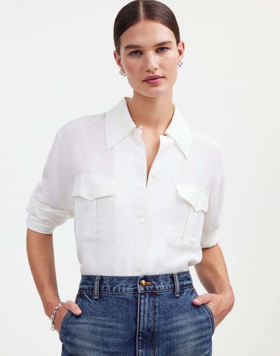 Pleat-Pocket Button-Up Shirt in Eyelet White