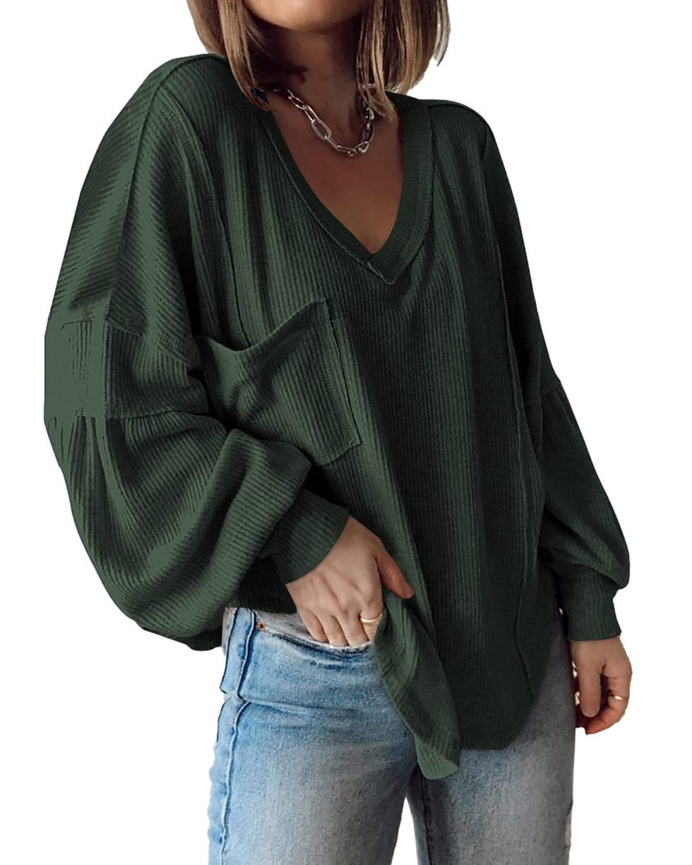 V-Neck Ribbed Knit Tunic Top