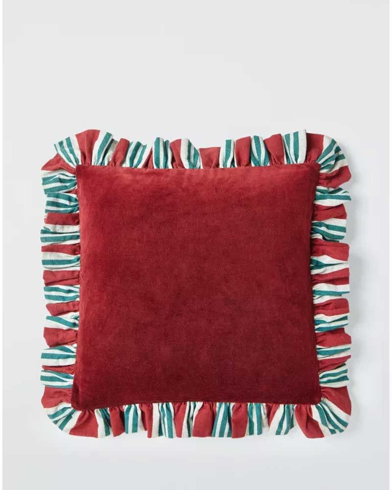 Striped Frill Cushion, Deep Red