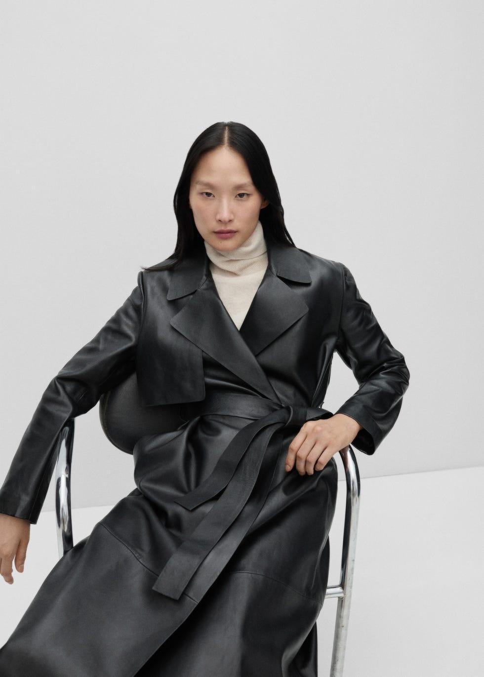 100% leather belted trench coat