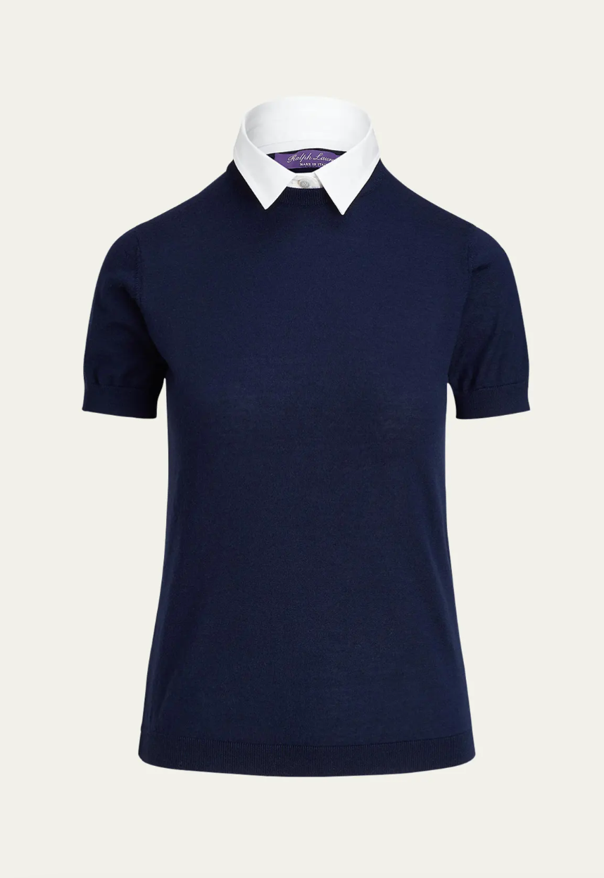 Short-Sleeve Cashmere Sweater w/ Detachable Collar