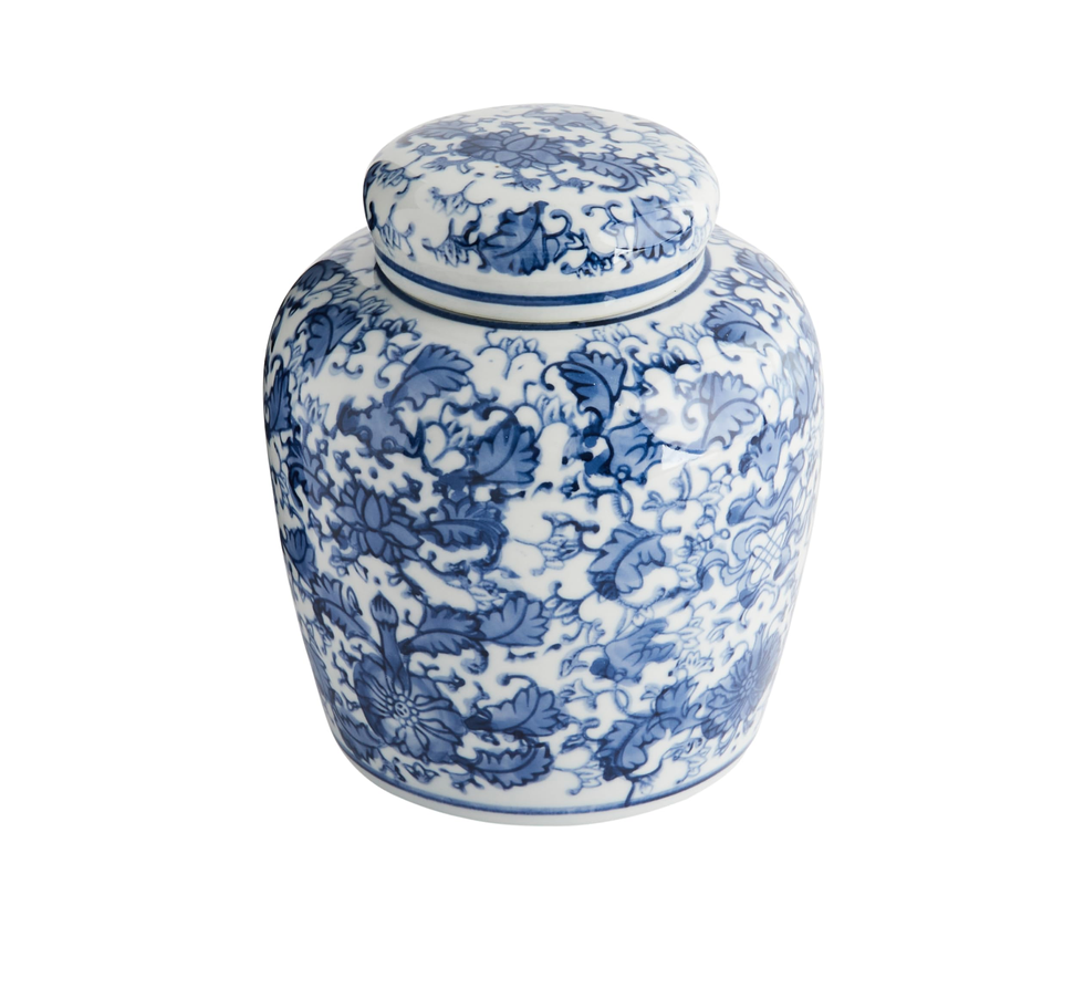 Creative Co-Op Blue & White Ceramic Ginger Jar with Lid