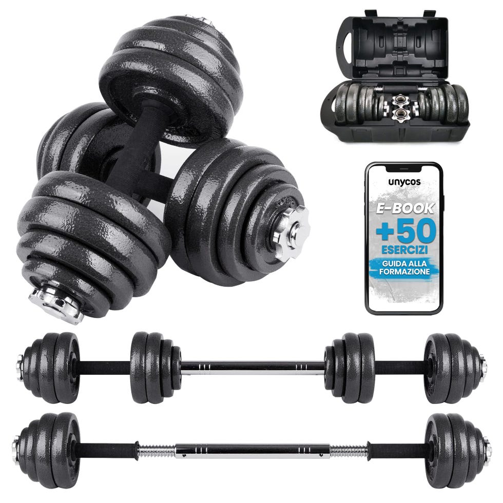 unycos - Set di Manubri Regolabili 2 in 1 con Esercizi E-Book, Dischi di Ferro Diversi Pesi【30 kg】Tubo di Collegamento per Uomini/Donne, Allenamento, Palestra a Casa, Fitness (Iron Transformer)