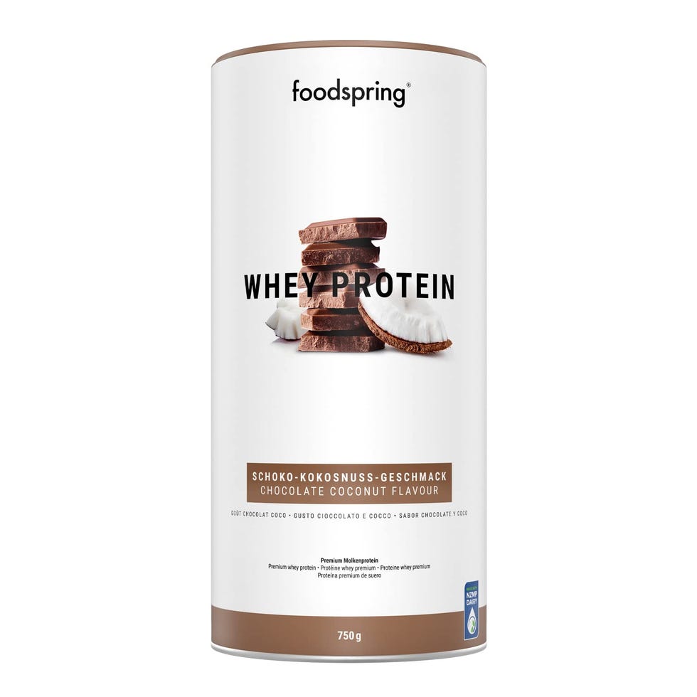 foodspring Proteine Whey in Polvere Cioccolato e Cocco - Con 22g di Proteine per la Massa Muscolare, Ottima Solubilità, senza zuccheri aggiunti, Ricco di BCAA ed EAA - 750g