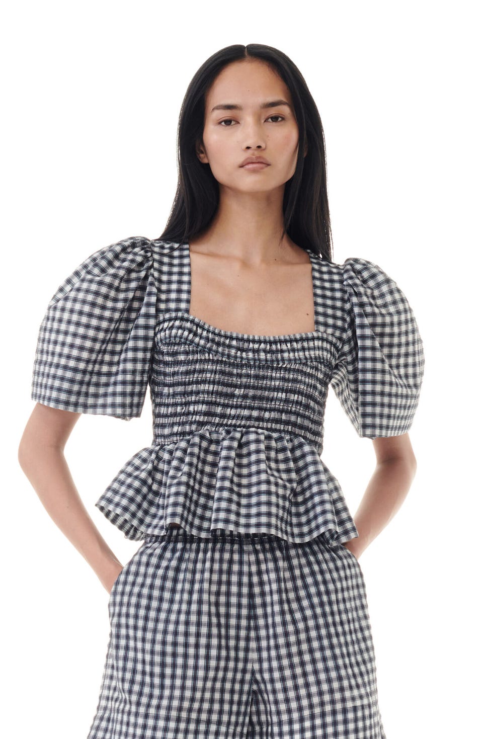Seersucker Check Open-neck Smock Blouse