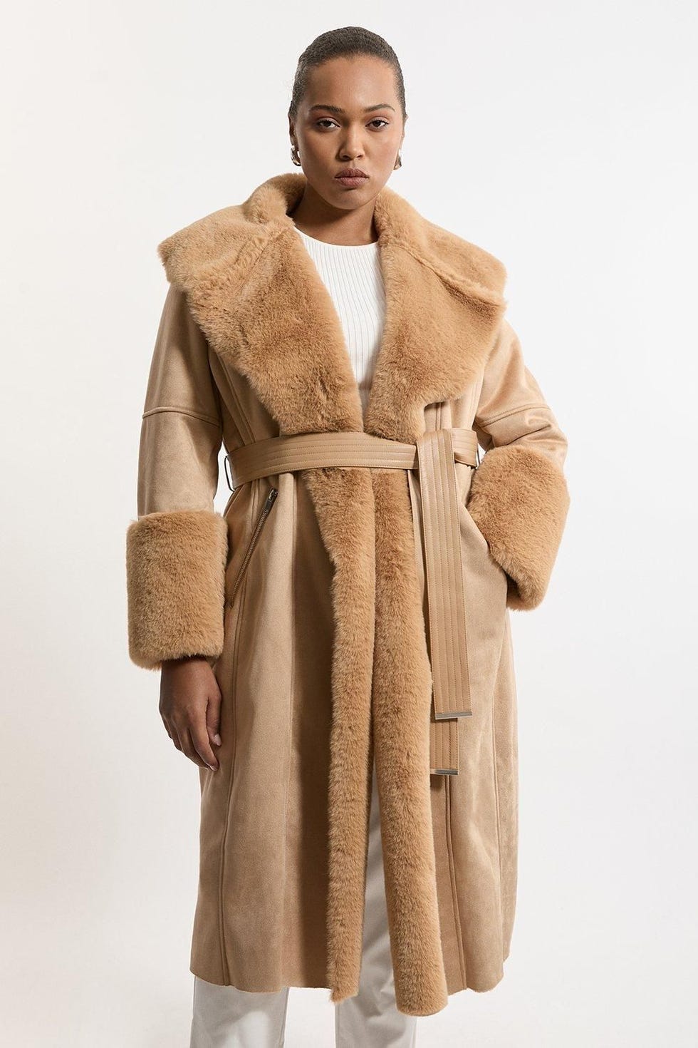 Faux Shearling Collar & Cuff Belted Long Coat