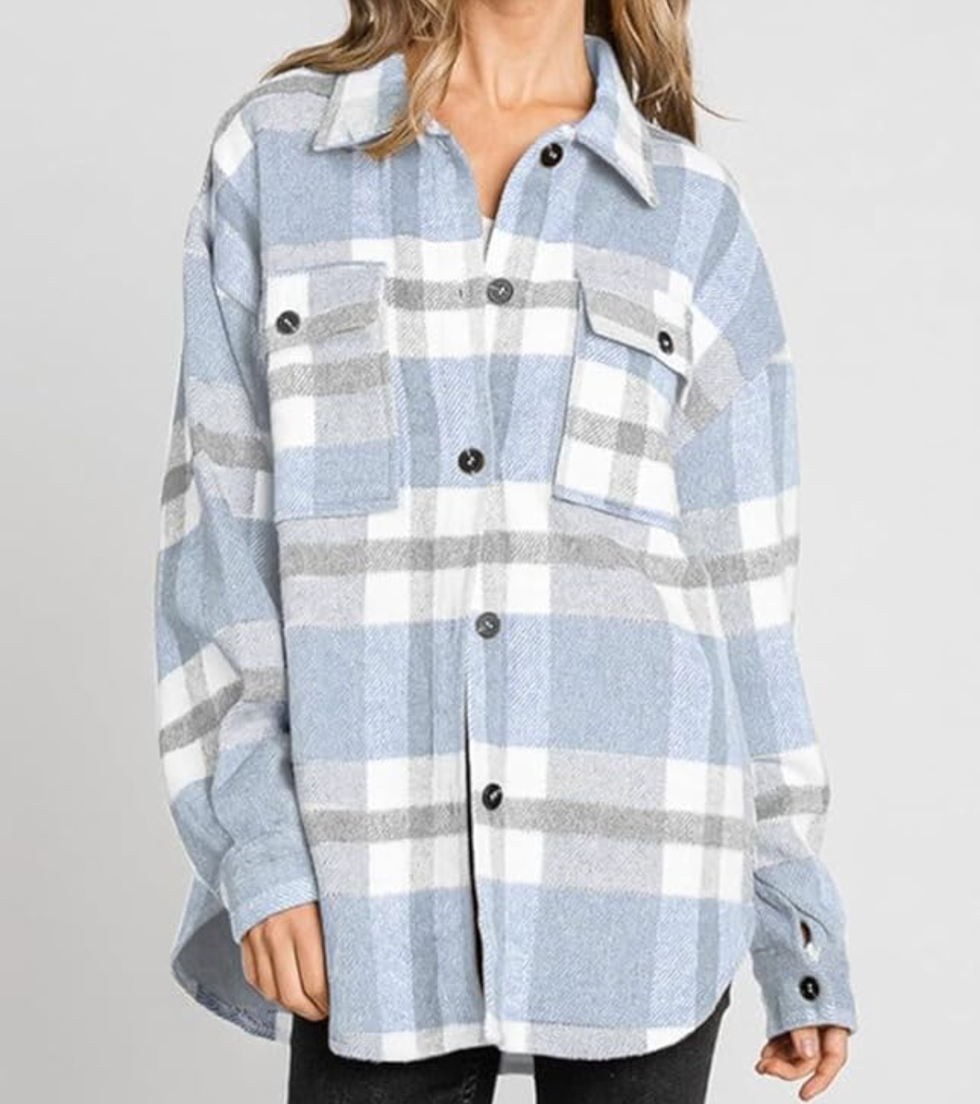 Light Blue Plaid Flannel Shacket
