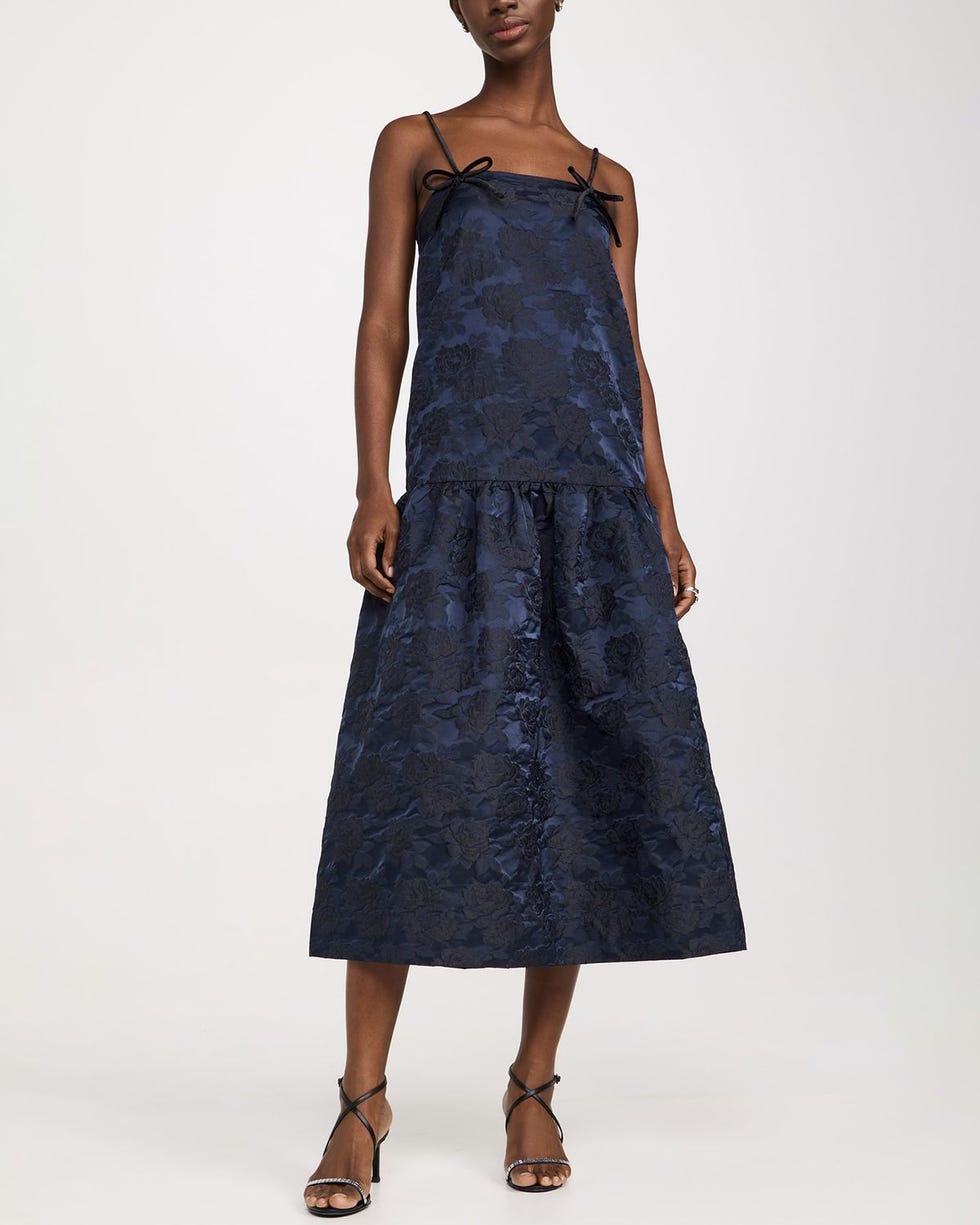 Botanical Jacquard Strap Midi Dress