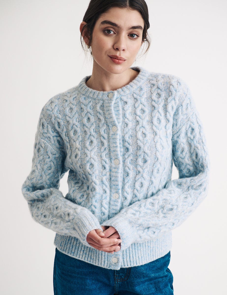 Blue Crew Neck Knitted Wool Cardigan