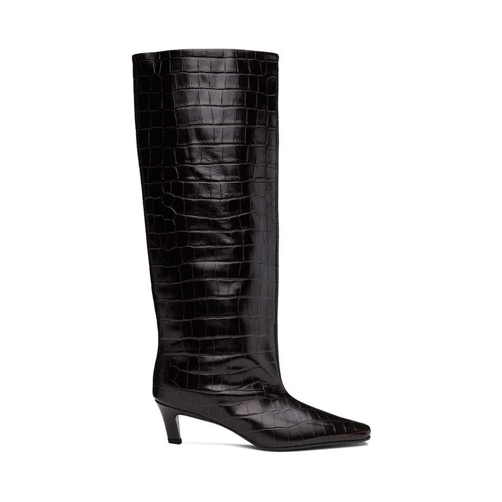 Croc-Effect Leather Knee Boots